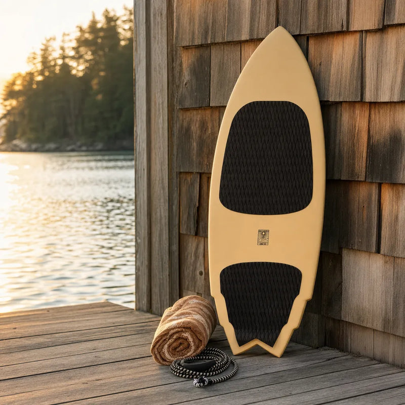 Smoke Show Wake Surfboard – Cream on a lake dock at golden hour (AI-generated visualization)