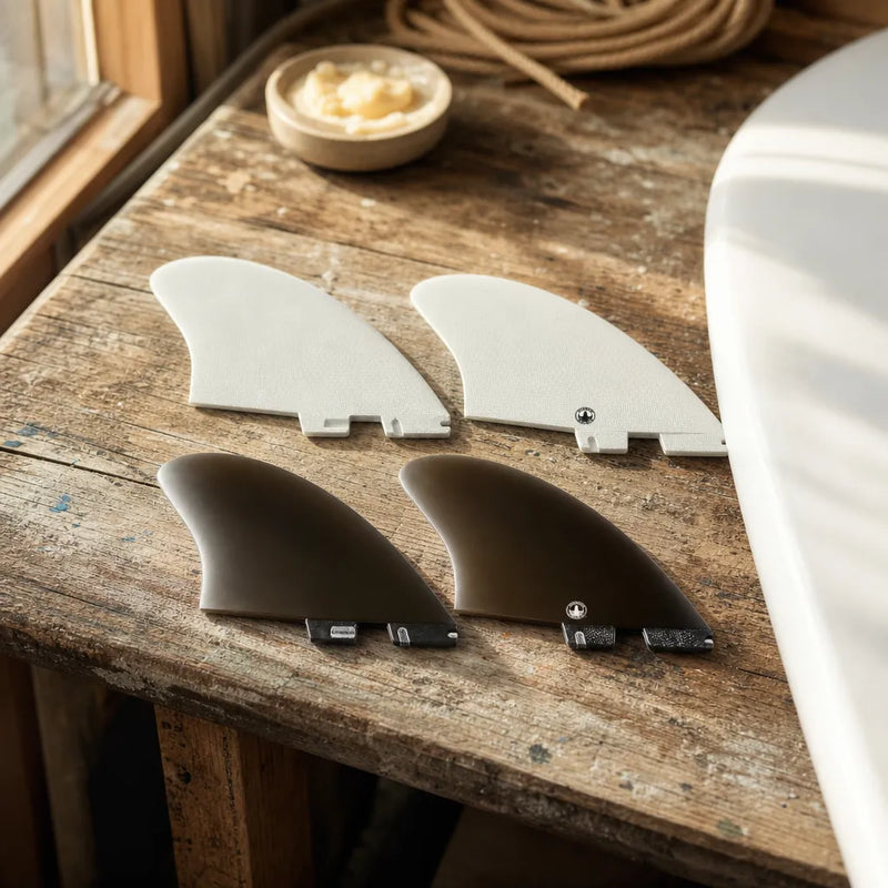 STCo. Keel Fins - FCS2 styled on a shaping bench (AI-generated visualization)