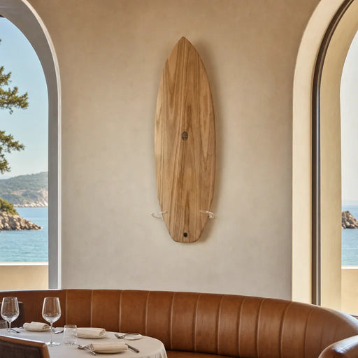 Summer Wind Surfboard – Paulownia EPS mounted on the wall of a high-end space (AI-generated visualization)