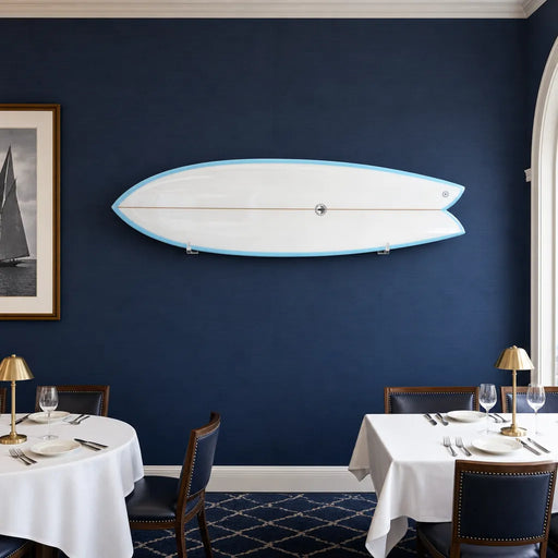 The Finlet Twin Fin Fish Surfboard - Cutlap Aqua EPS mounted on the wall of a high-end space (AI-generated visualization)