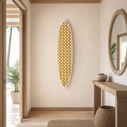 The Palm Print – Designer Surfboard Wall Art mounted on the wall of a high-end space (AI-generated visualization)